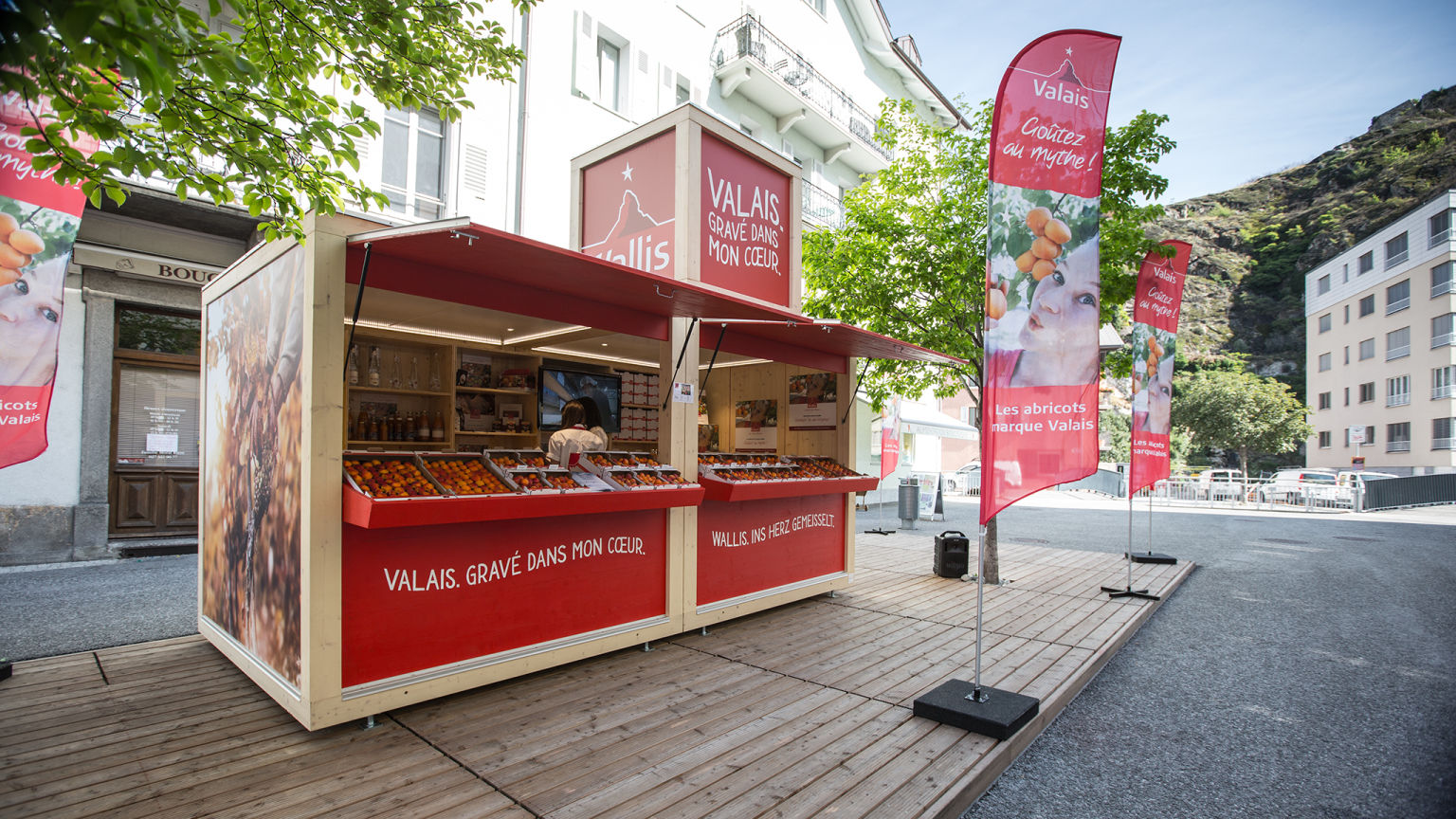 The apricots stand of Valais brand at Place du Midi in Sion.