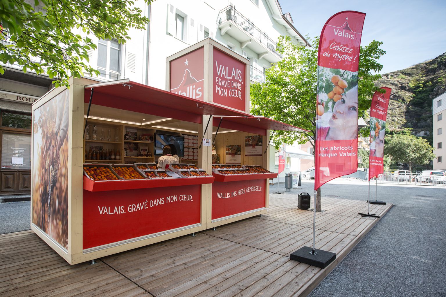 The apricots stand of Valais brand at Place du Midi in Sion.