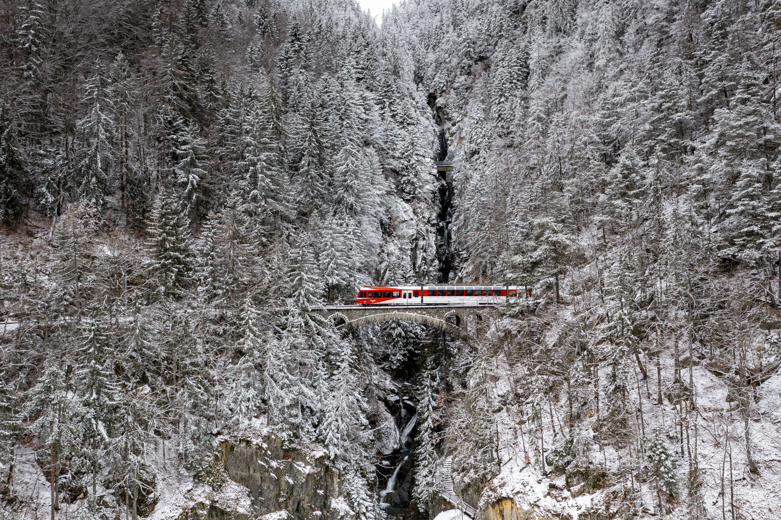 The Mont-Blanc Express train in the snow-covered forests of the Valais mountains, Switzerland