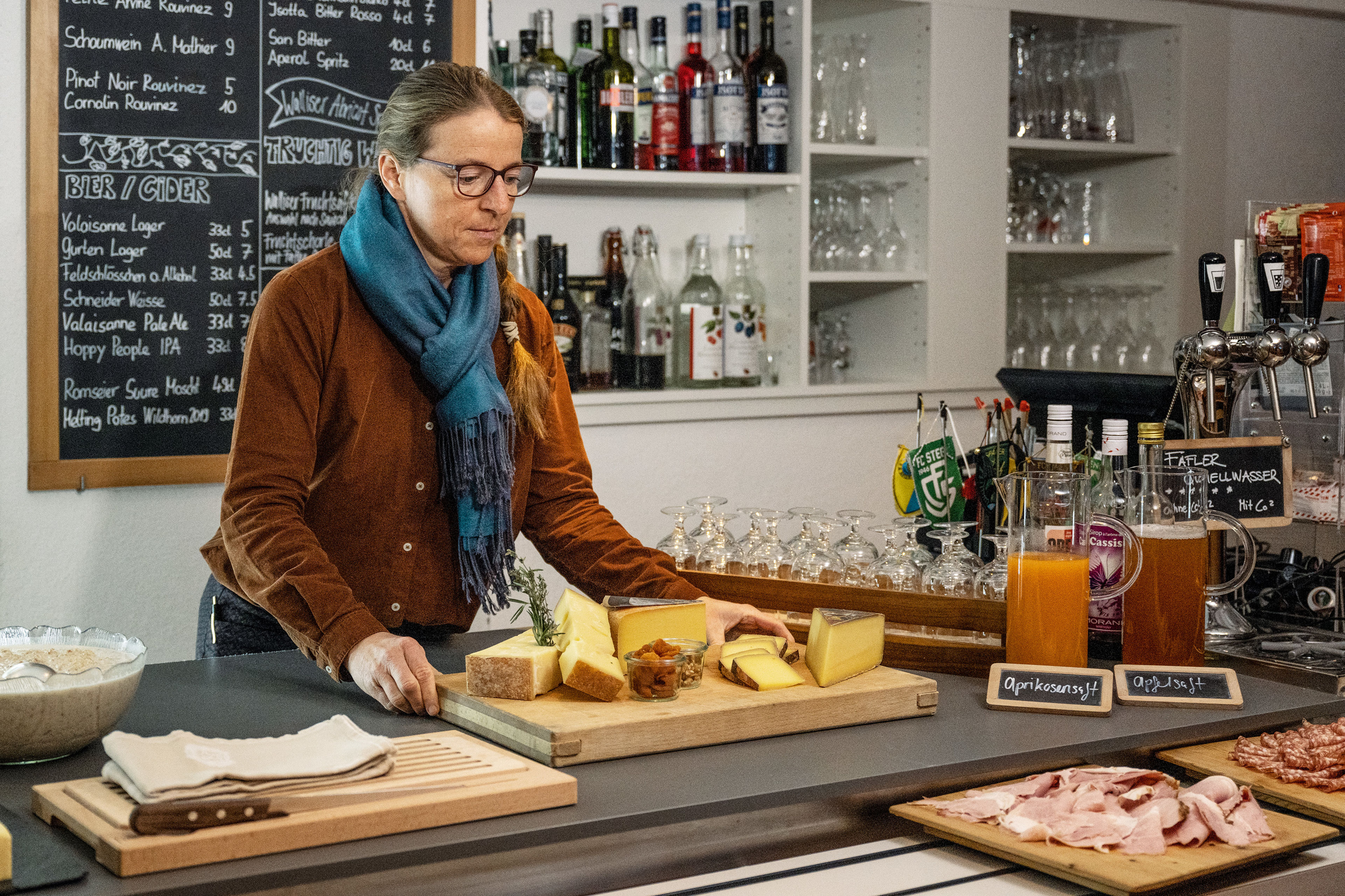 Tatjana prepares a buffet breakfast for her guests each morning. Valais cheeses and apricot juice from the apricot canton of Switzerland are always served.