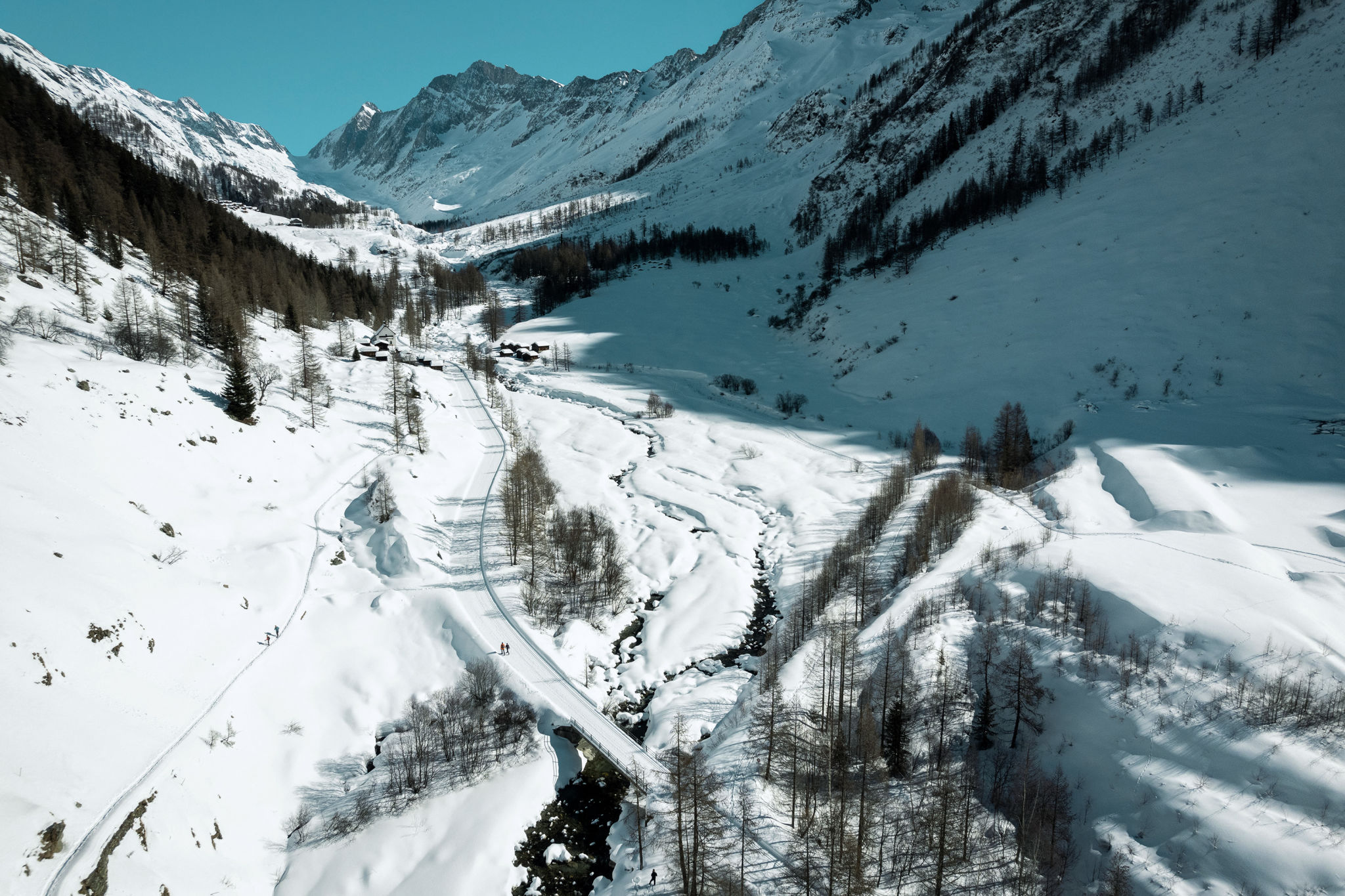 Winter hiking trail to the Fafleralp. 
Valais, Swizerland