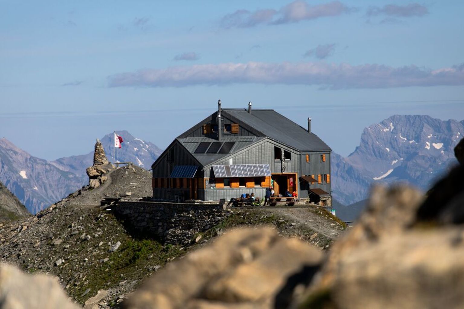 FXB Panossière Hut near Fionnay with solar panels in an alpine setting, Valais, Switzerland