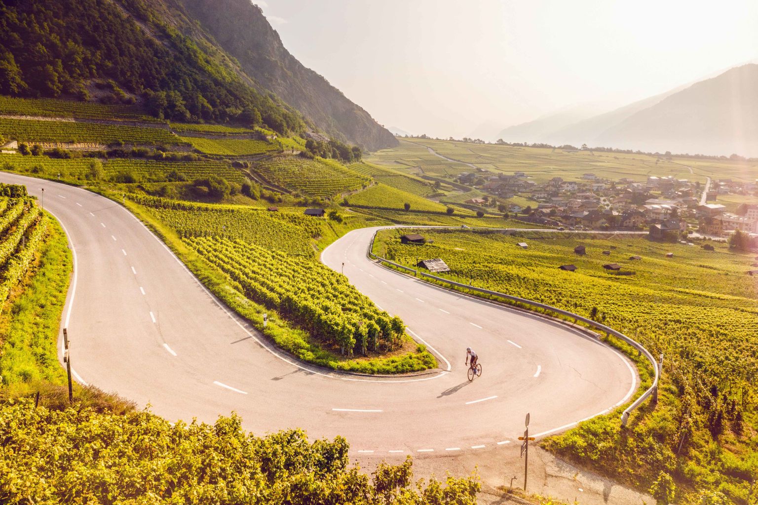 Ein Radfahrer fährt die Strasse von Leytron nach Ovronnaz hinauf und kann dabei die Aussicht auf die Walliser Weinberge geniessen. Wallis, Schweiz