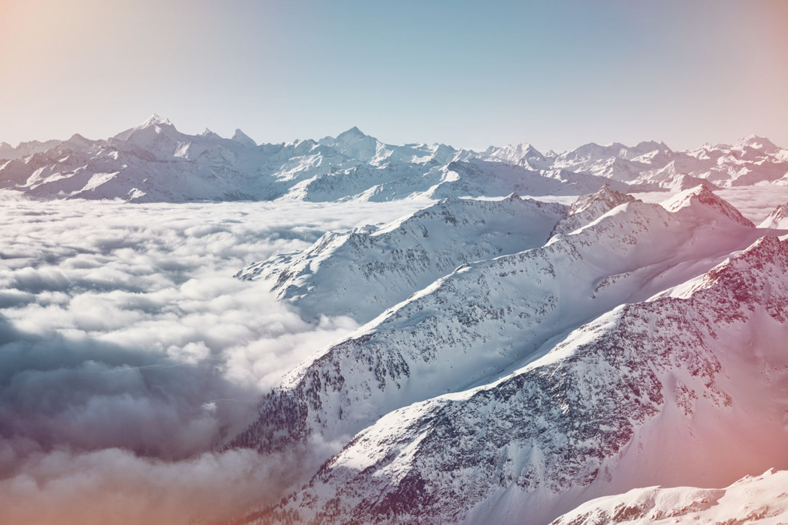 View of the Weisshorn and Matterhorn, mountains, sea of fog, Valais, Switzerland