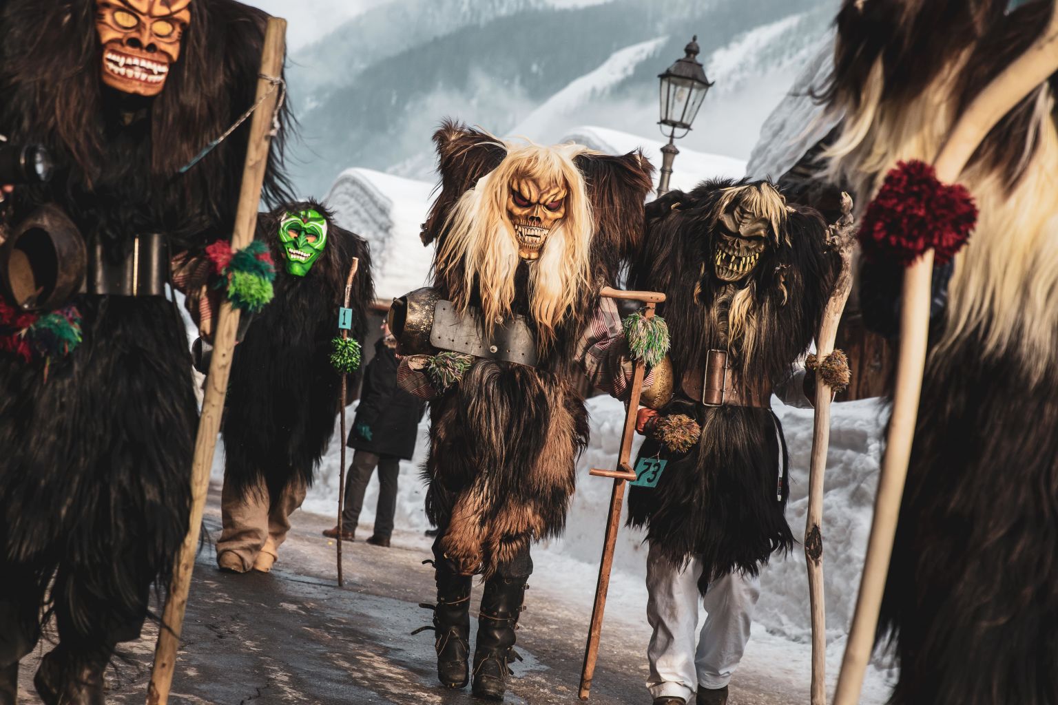 The masked carnival figures characteristic of Lötschental, the so-called Tschäggättä, carnival in Lötschental, Valais, Switzerland