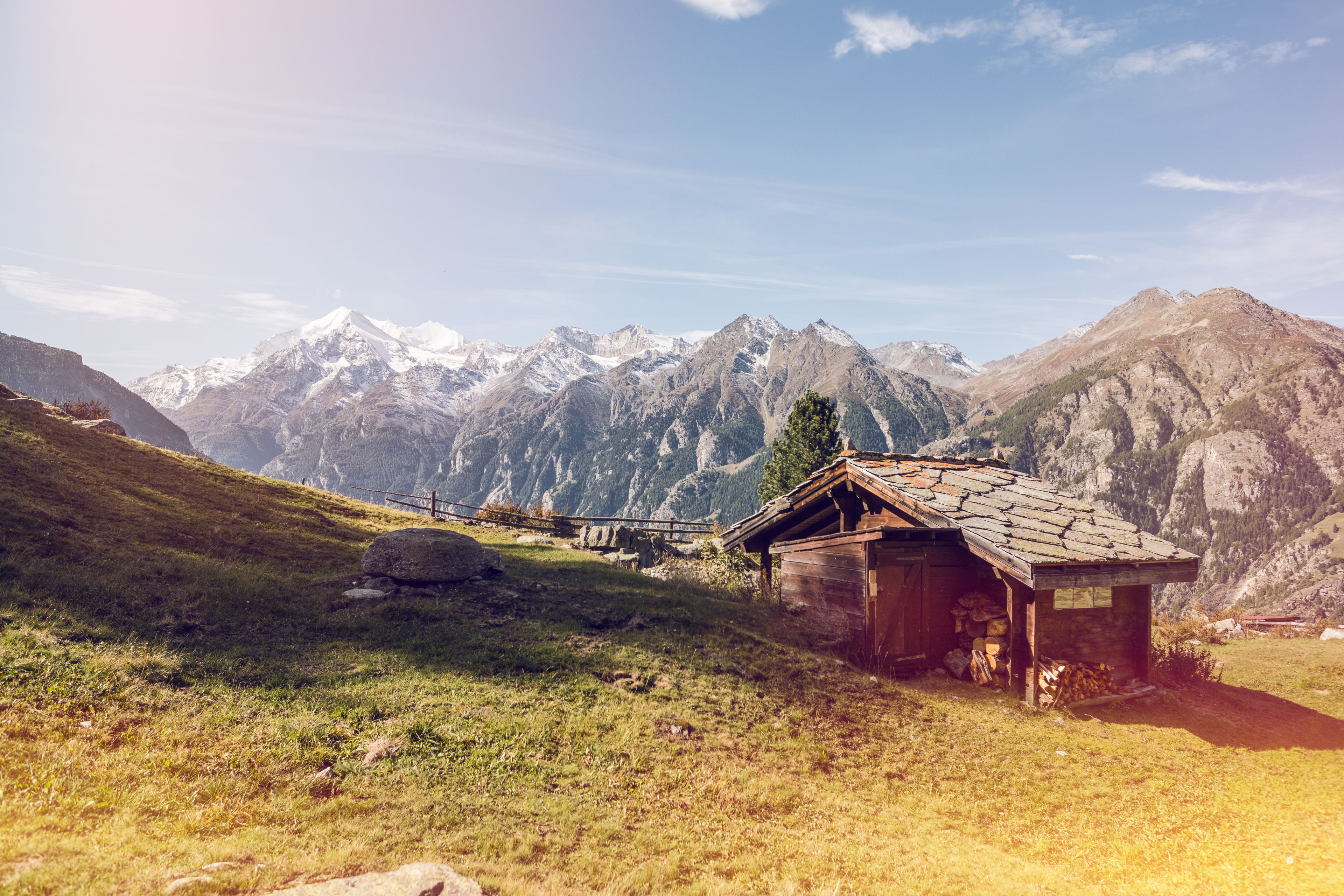 Mountain hut in Grächen, summer in Valais, swiss alps, Switzerland