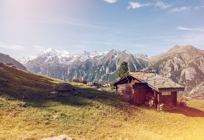 Mountain hut in Grächen, summer in Valais, swiss alps, Switzerland