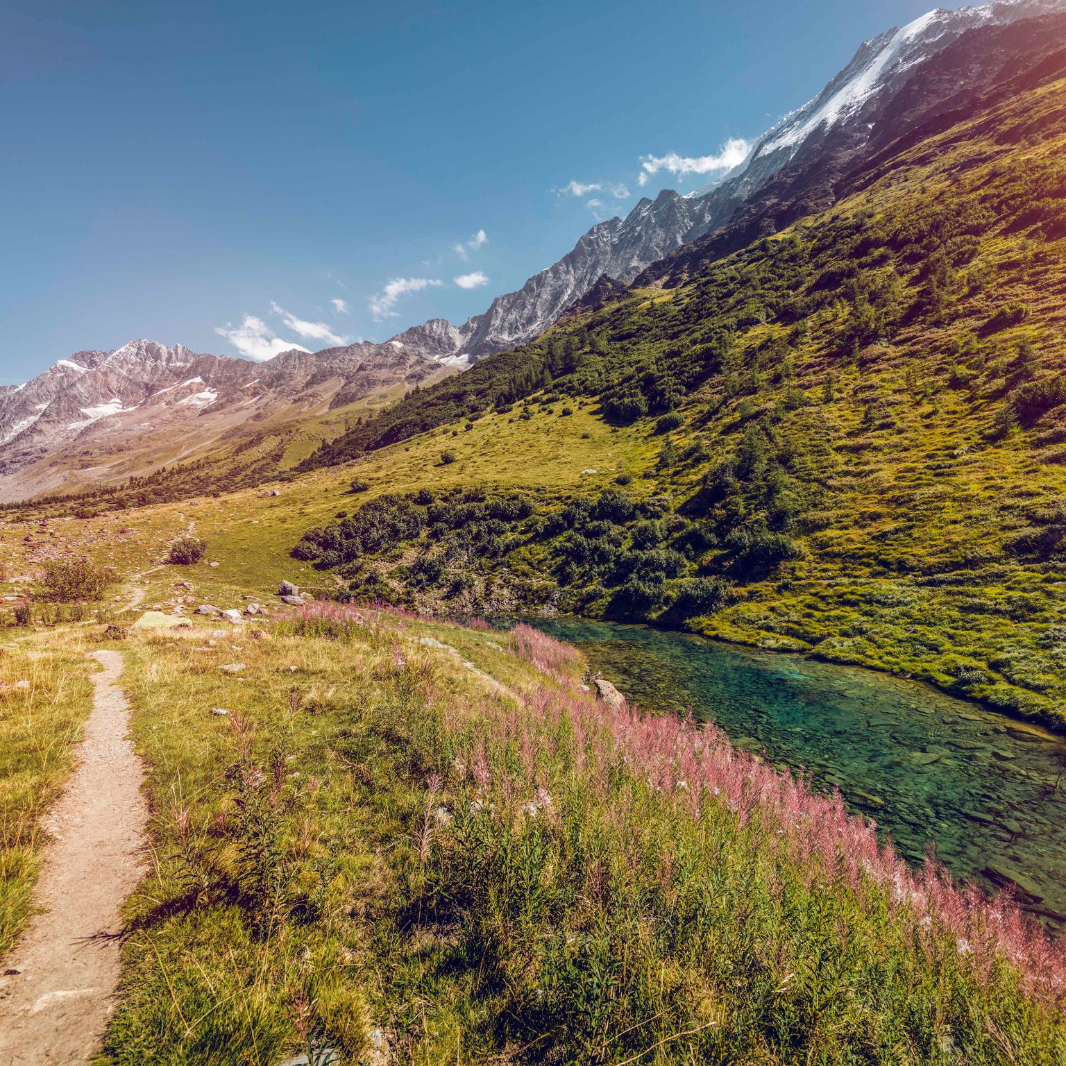 Hiking trail in Lötschental, summer in Valais, Switzerland