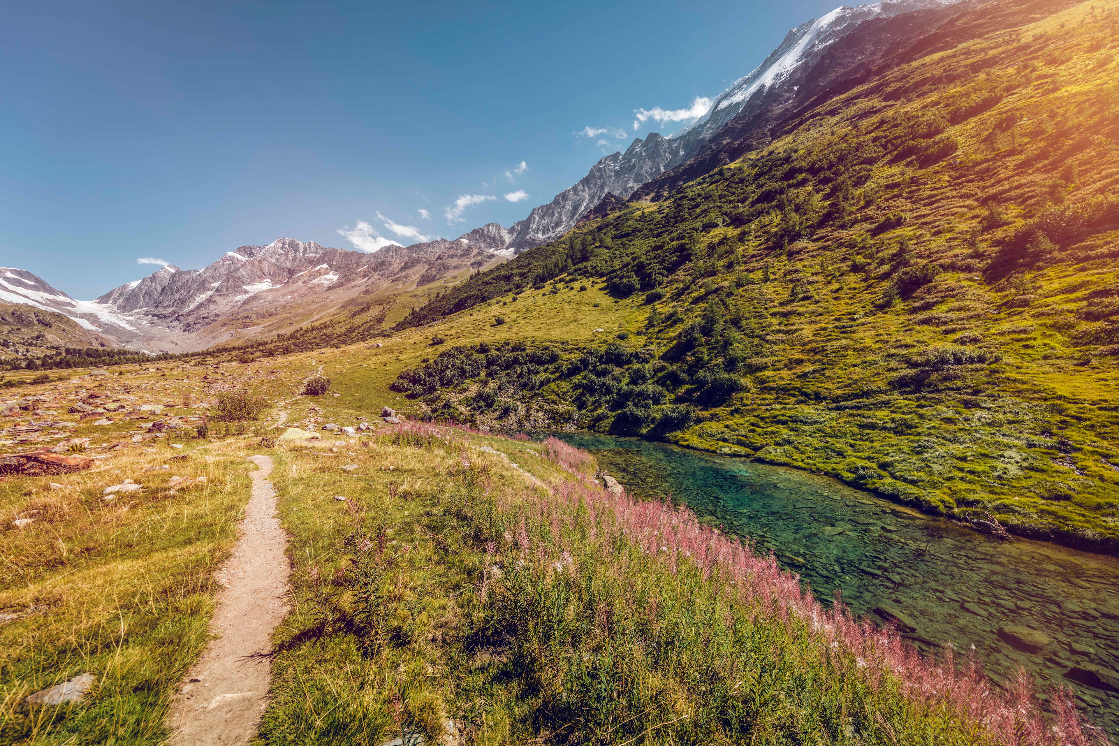 Hiking trail in Lötschental, summer in Valais, Switzerland