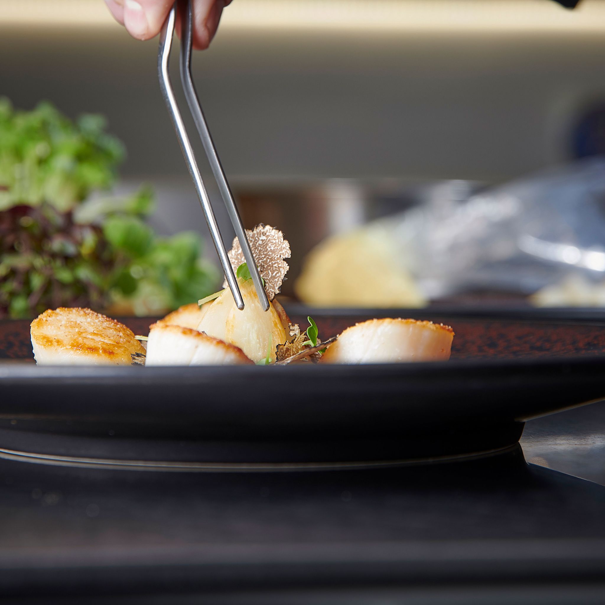 Jakobsmuscheln mit Schwarzwurzeln und Truffen aus dem Wallis. Schweiz