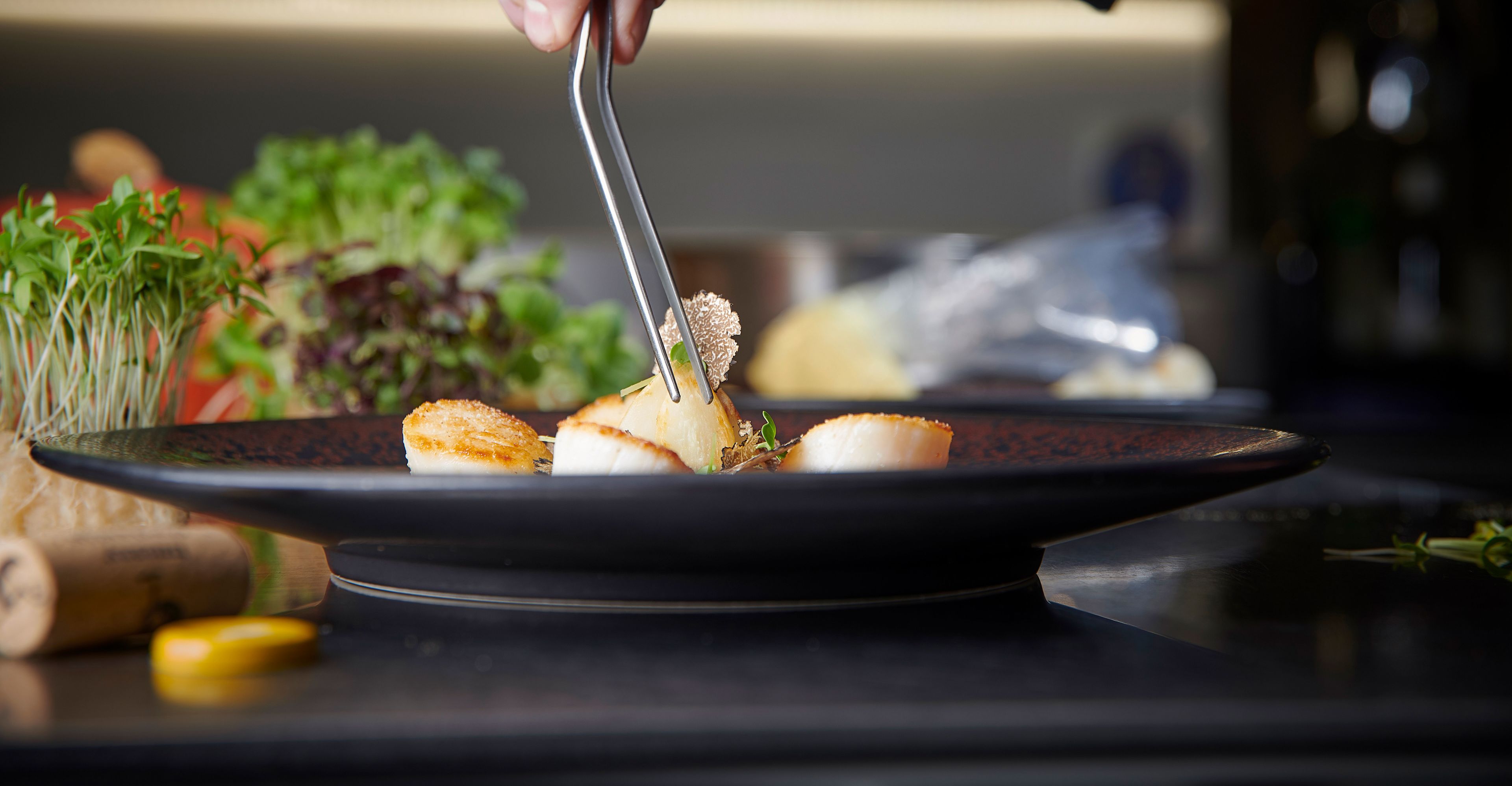 Jakobsmuscheln mit Schwarzwurzeln und Truffen aus dem Wallis. Schweiz