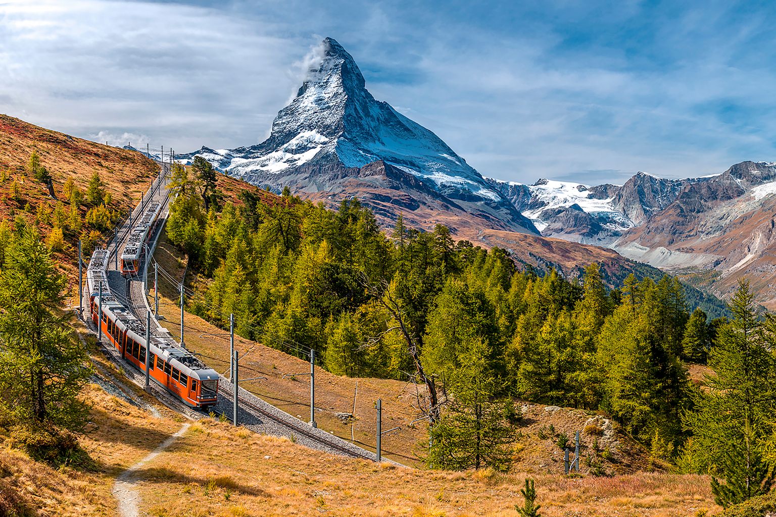Le Gornergrat-Bahn relie Zermatt au Gornergrat en train. Durant le trajet, les voyeurs ont une magnifique vue sur le Cervin. Valais. Suisse