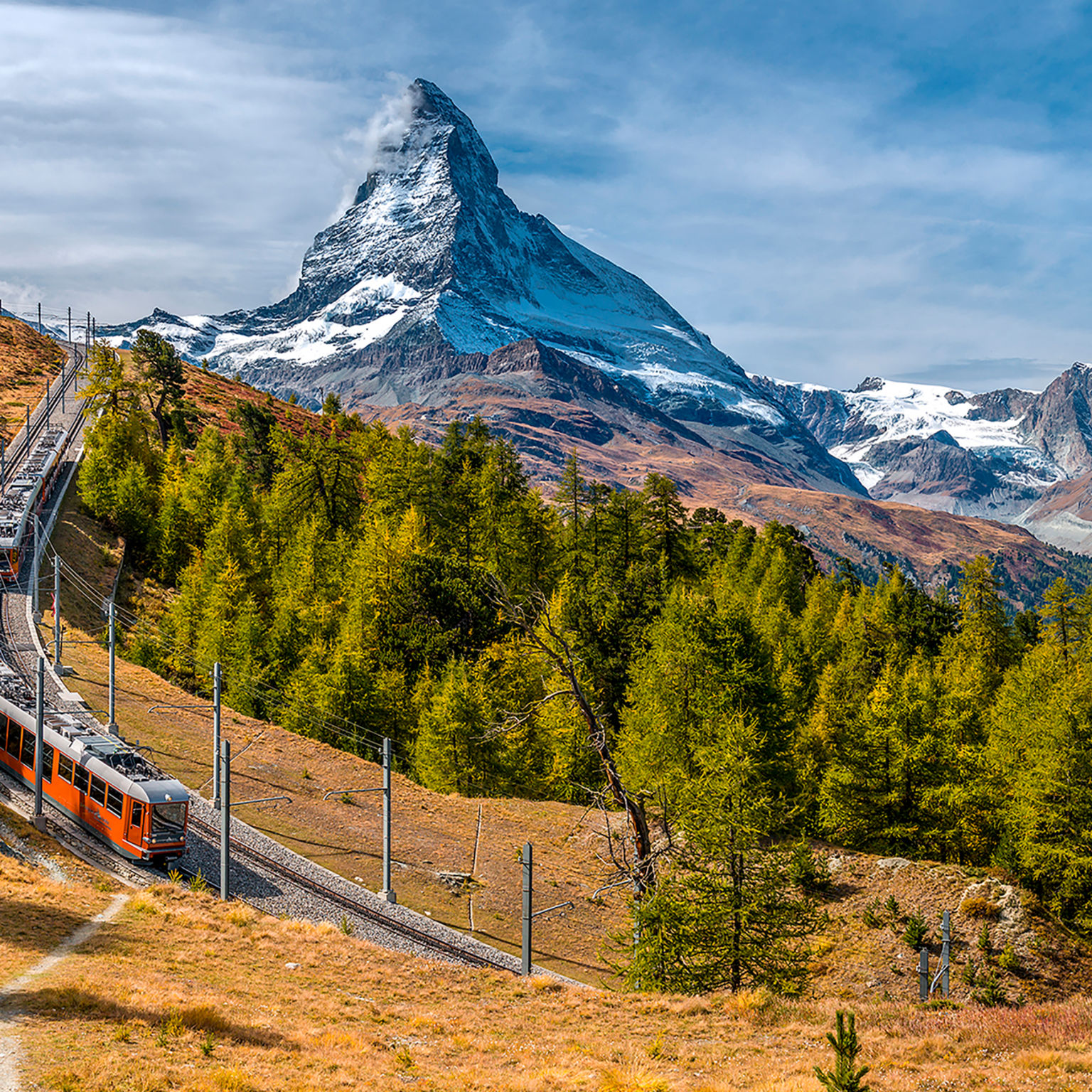 Le Gornergrat-Bahn relie Zermatt au Gornergrat en train. Durant le trajet, les voyeurs ont une magnifique vue sur le Cervin. Valais. Suisse