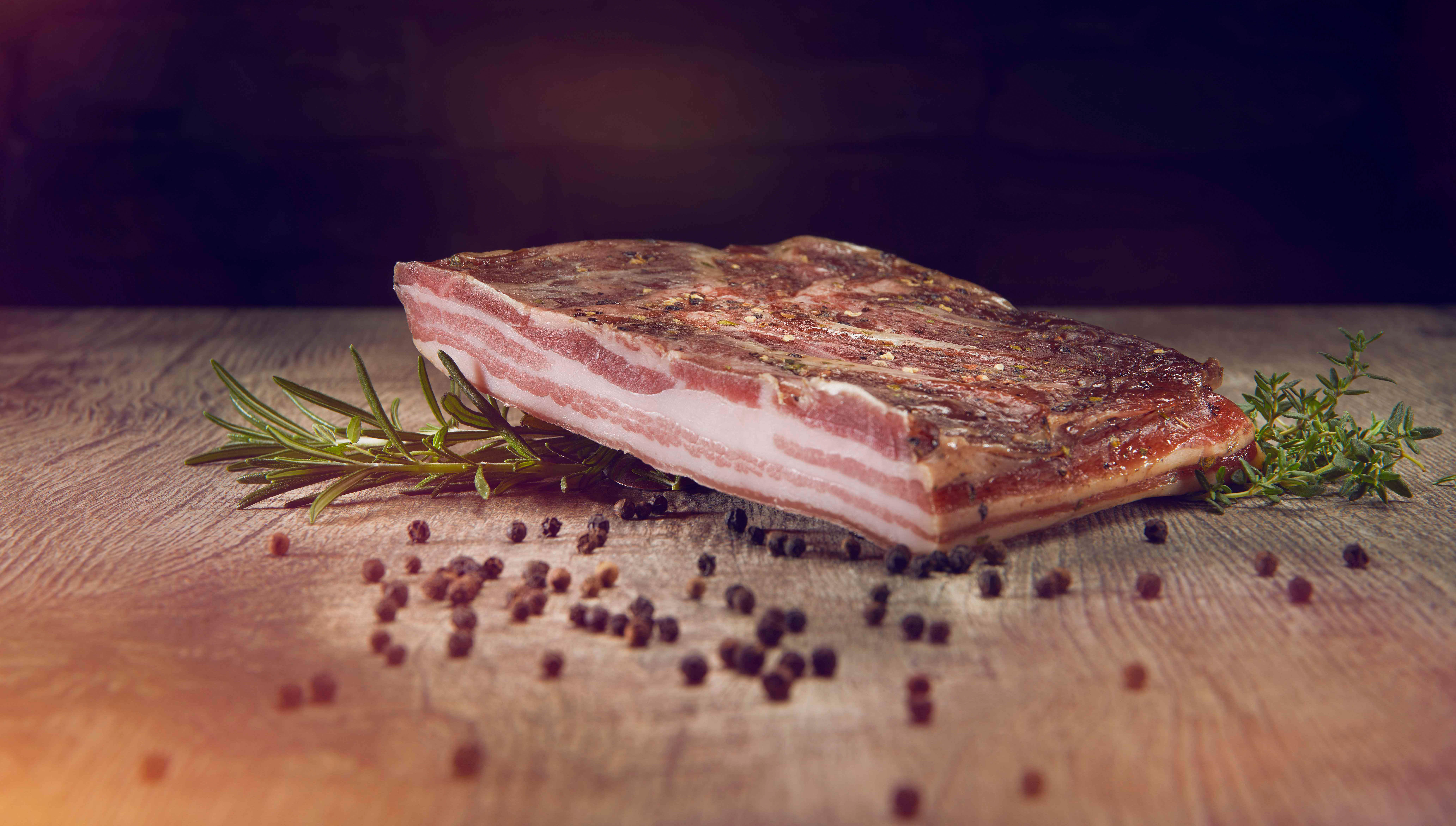 Dried bacon from the Valais before eating it, pepper, Valais, Wallis Schweiz Suisse