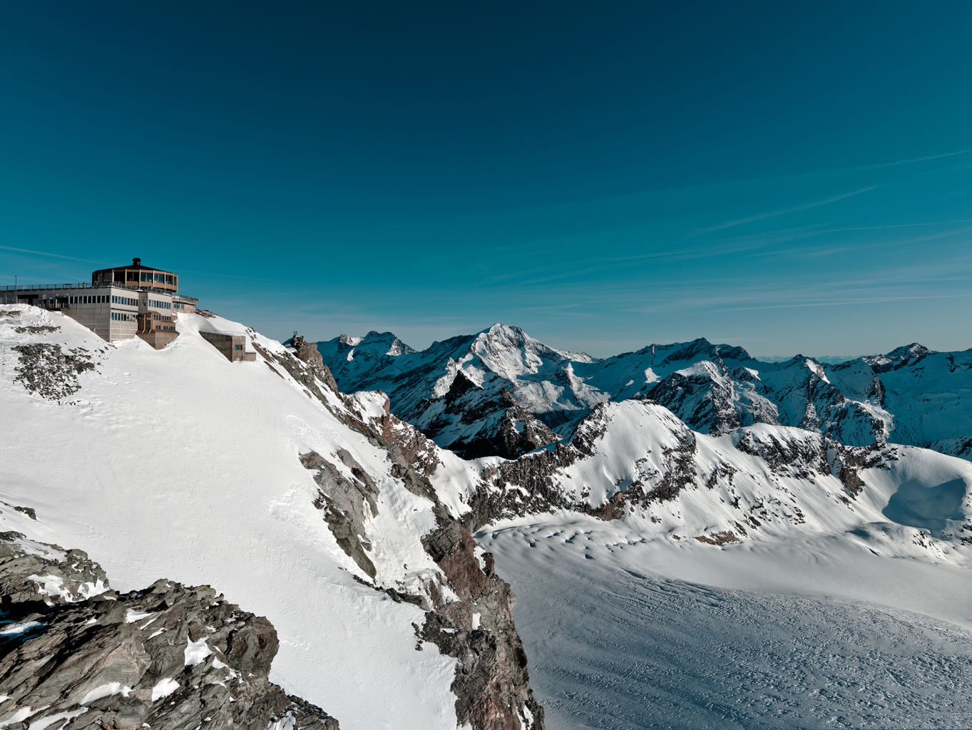 Switzerlands highest revolving restaurant Allalin above Saas-Fee in winter, Valais