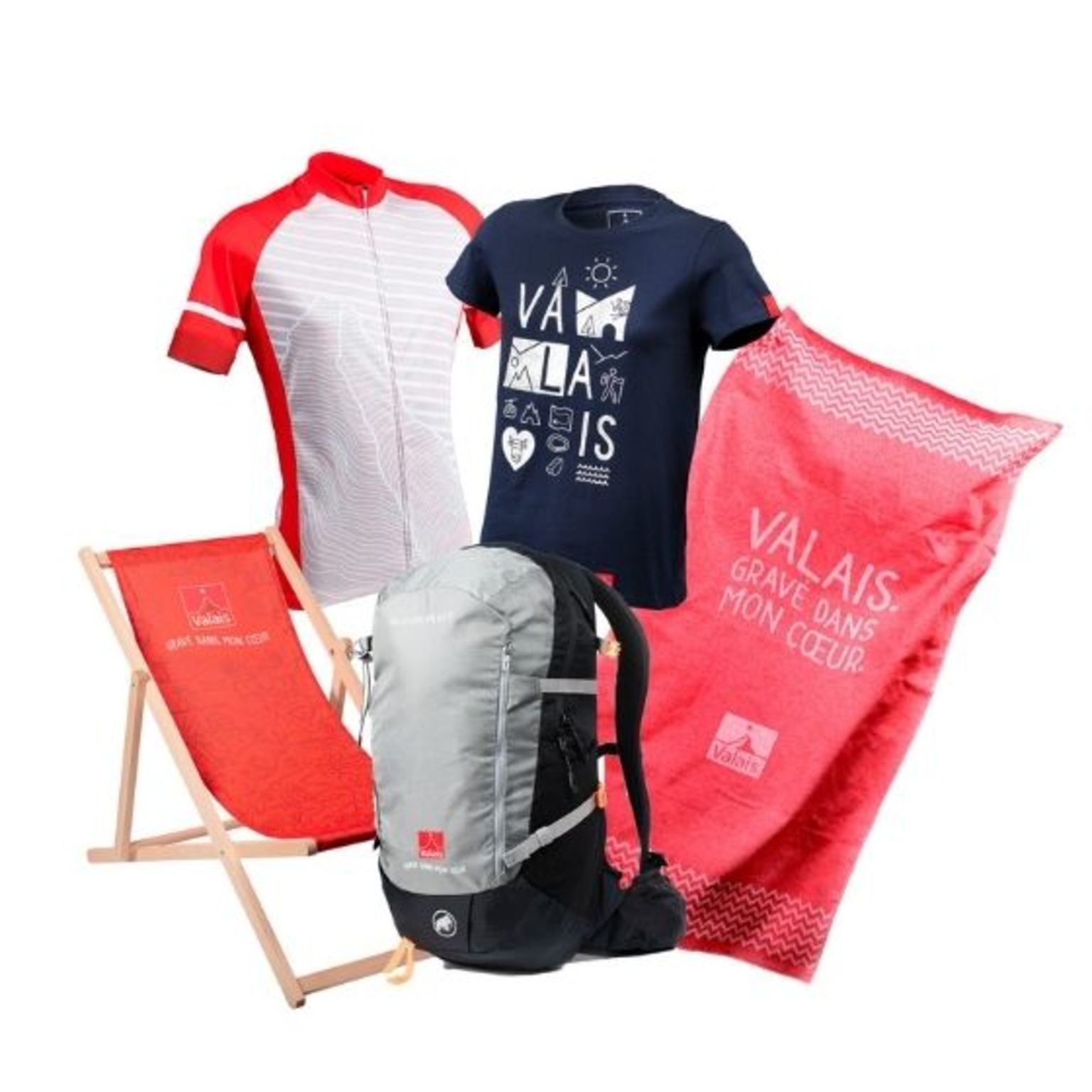 Chaise longue, t-shirt, linge, sac à dos, boutique Valais, suisse