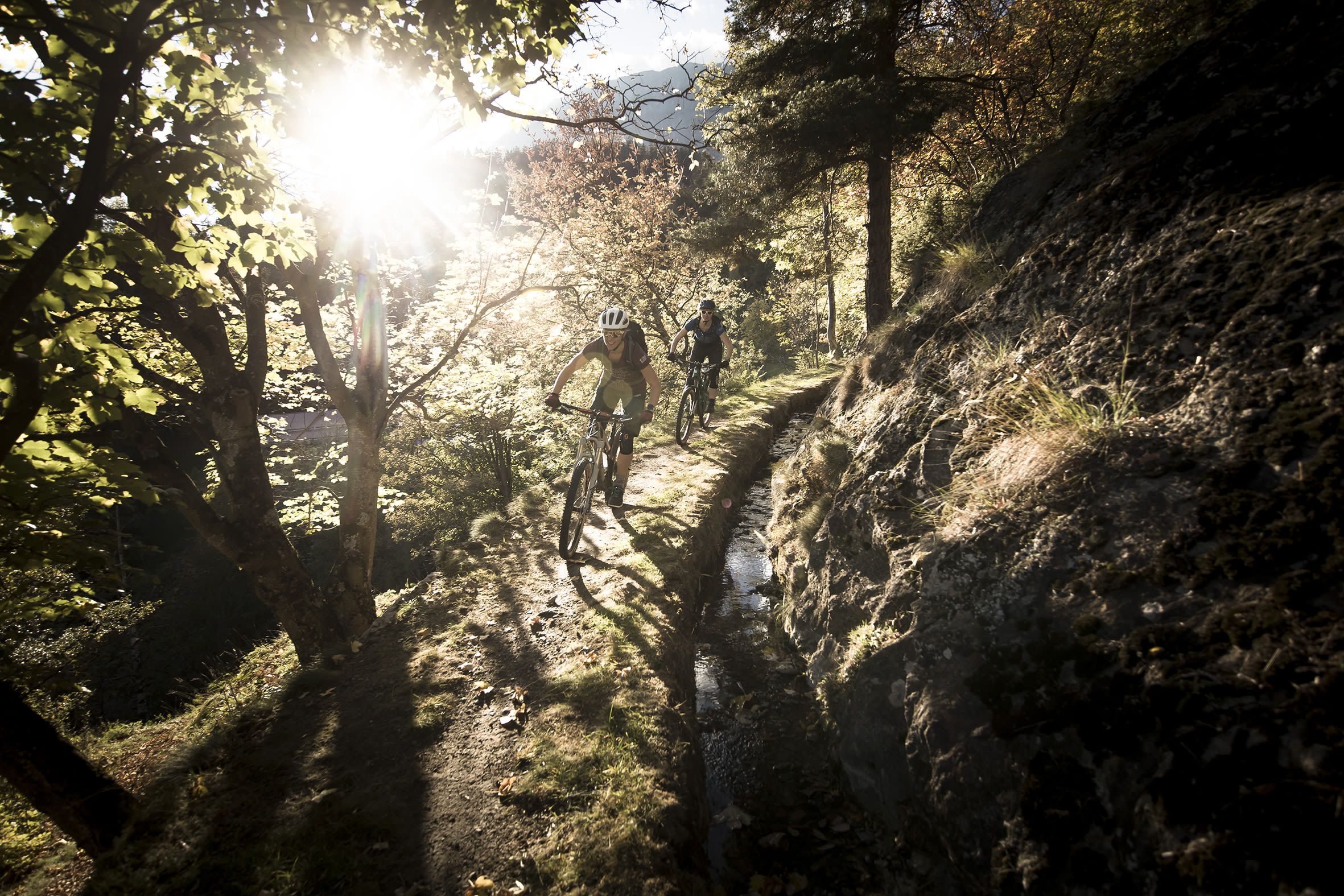 Mountainbikers on trails above Brig, Valais