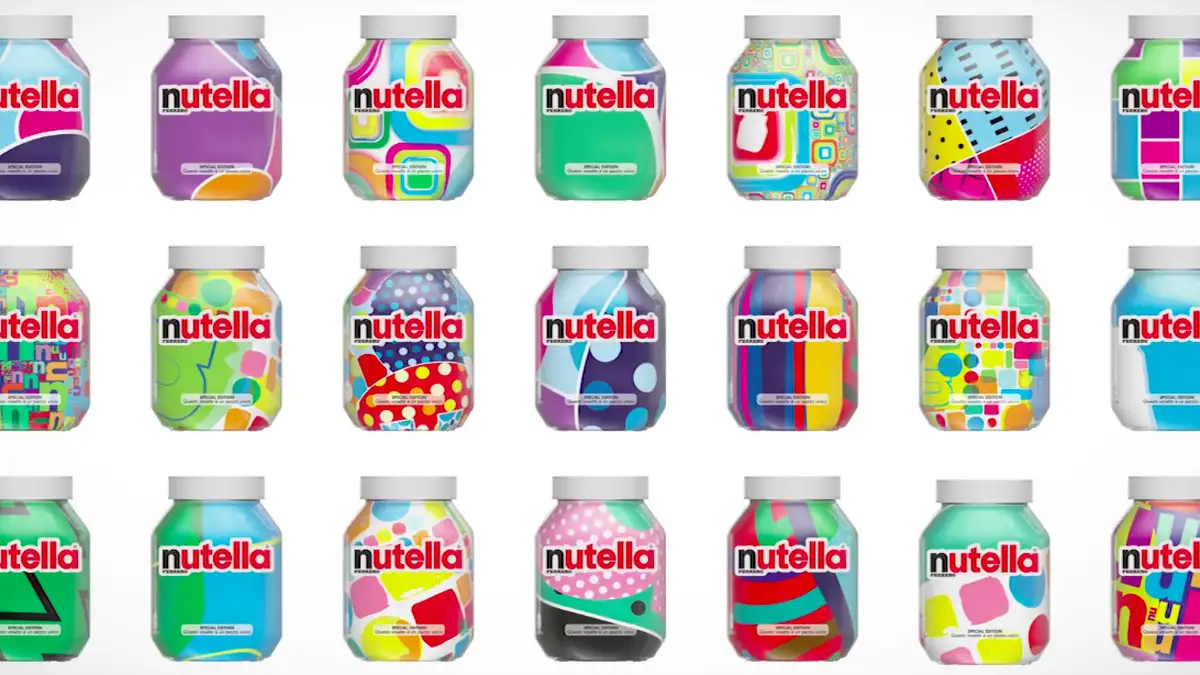 Nutella jars featuring AI-generated, individually designed labels displayed on store shelves.