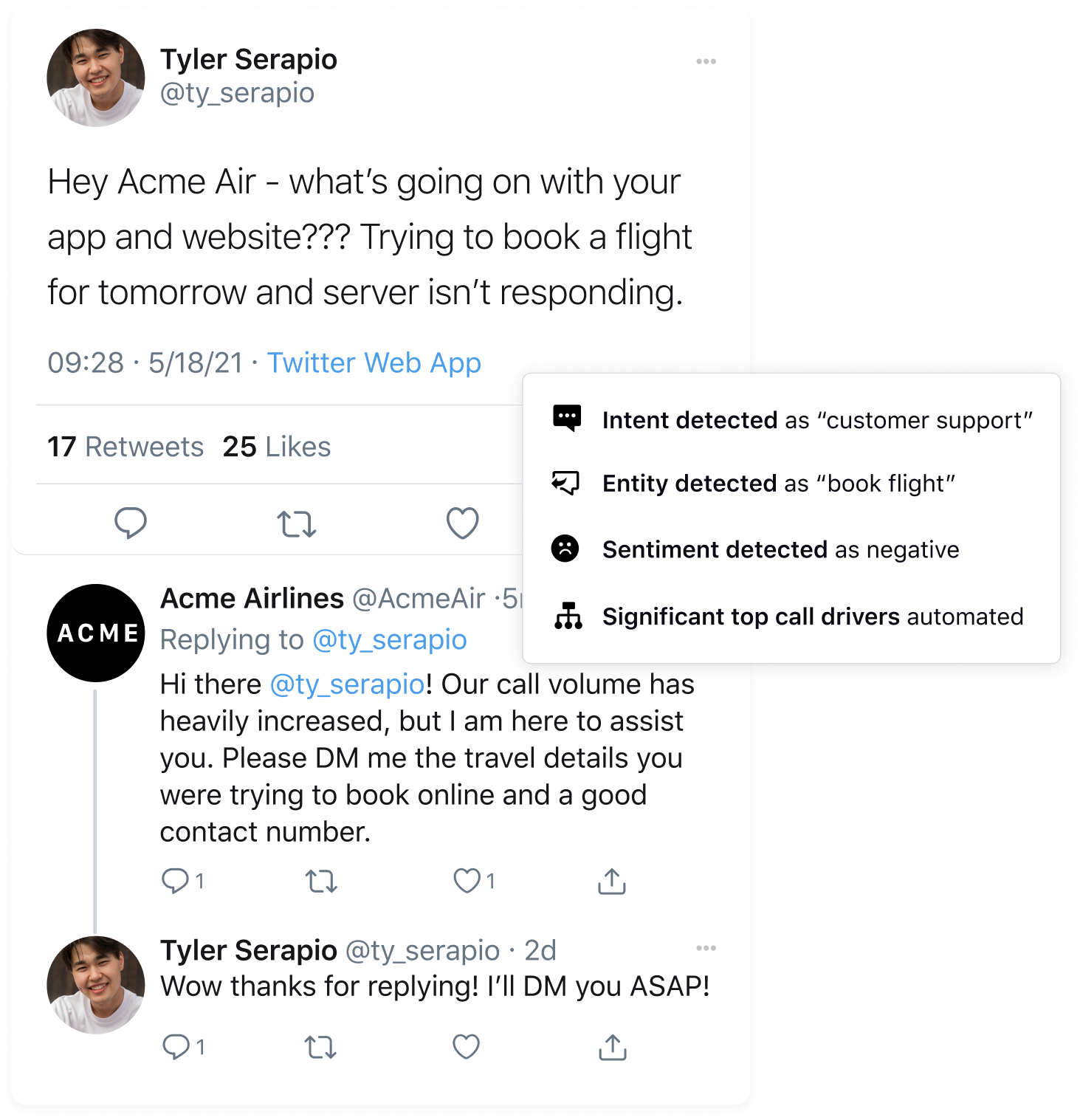 Screen shot of Twitter thread where Acme Airlines helps a customer.
