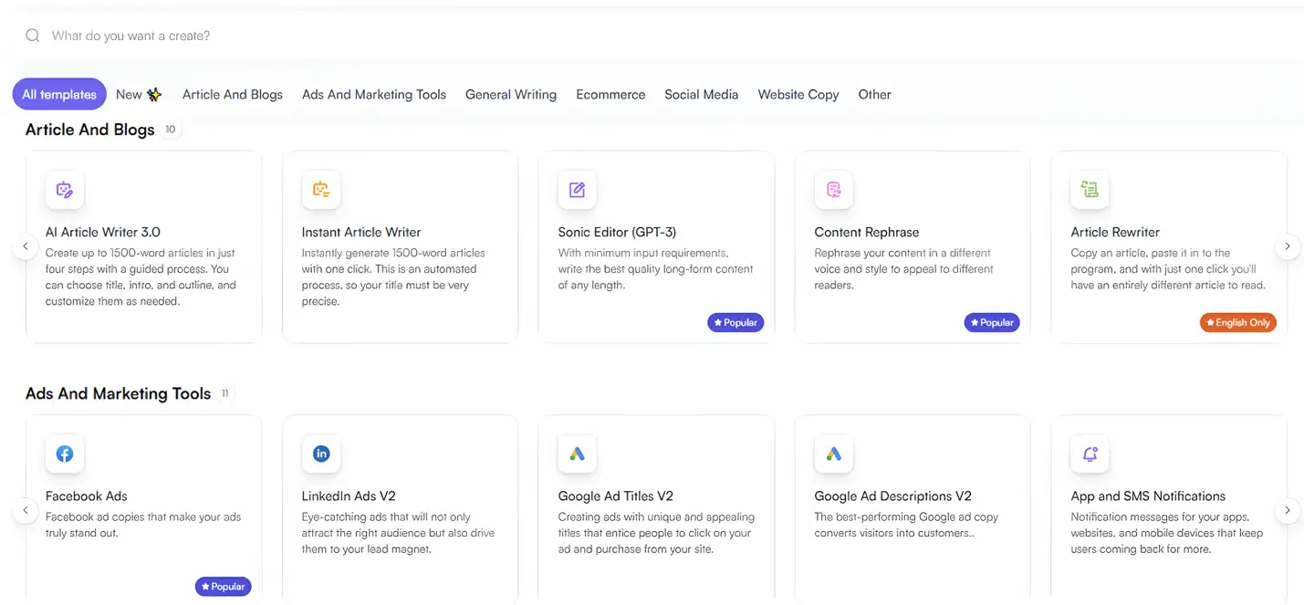 Writesonic features for content generation.