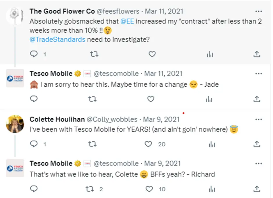 Tesco community managers giving quirky responses to their audience with their names
