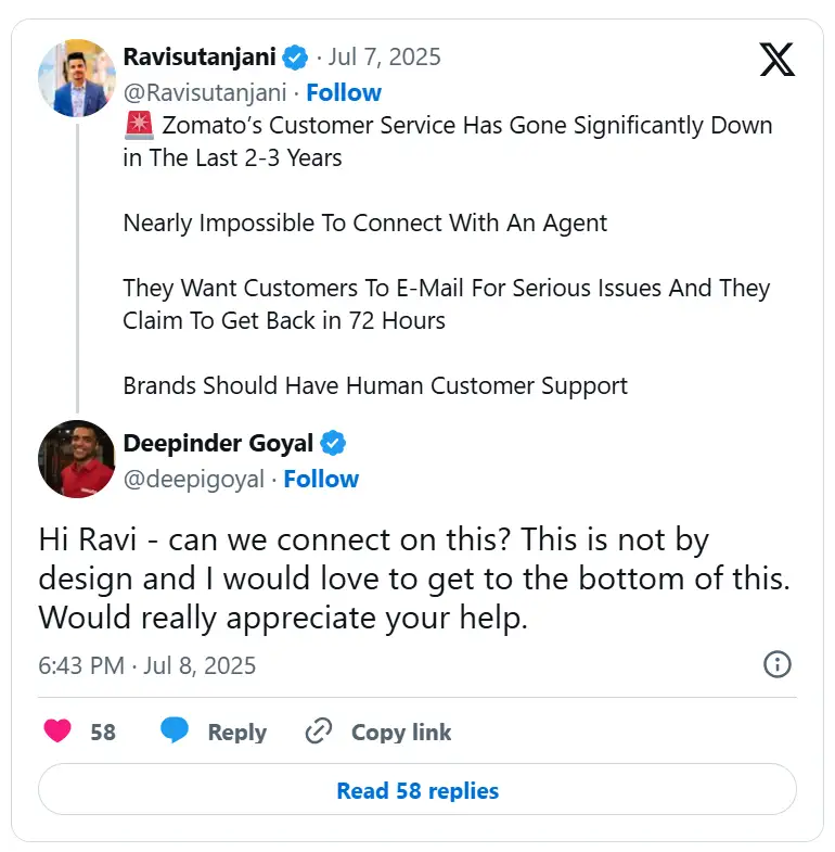 Zomato responded to a concerned customer interaction on X.