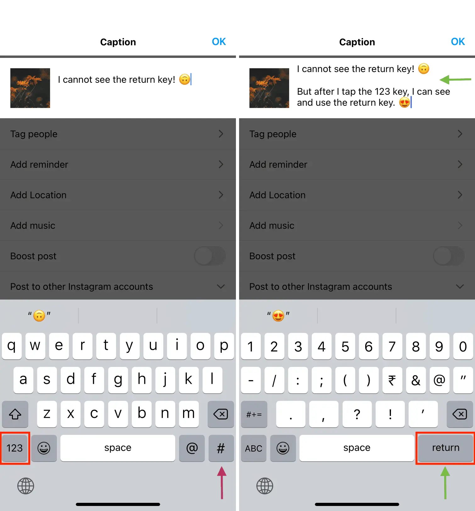 Add line breaks using Return key in keyboard on Instagram