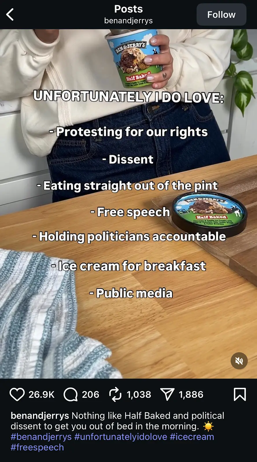 Instagram post from Ben & Jerry’s combining playful humor with a cause-driven campaign. 