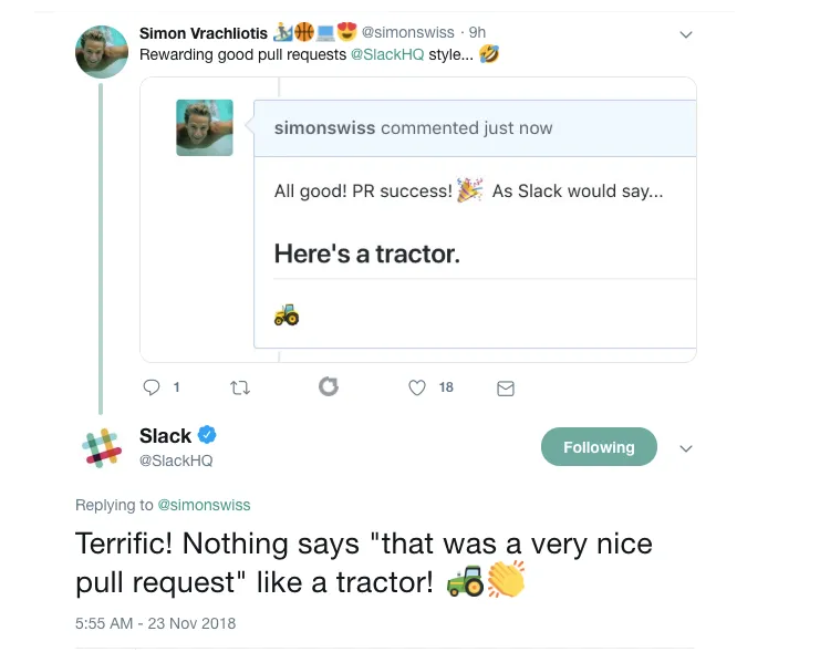 Slack responding to a customer's comment on pull requests.