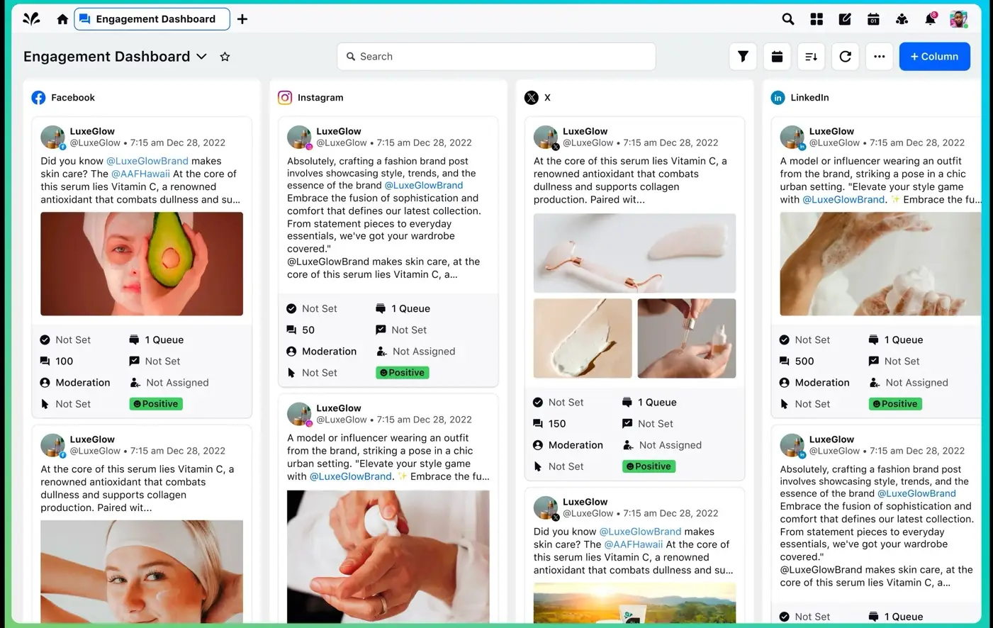 Engagement dashboard in Sprinklr showcasing social media posts across different social platforms