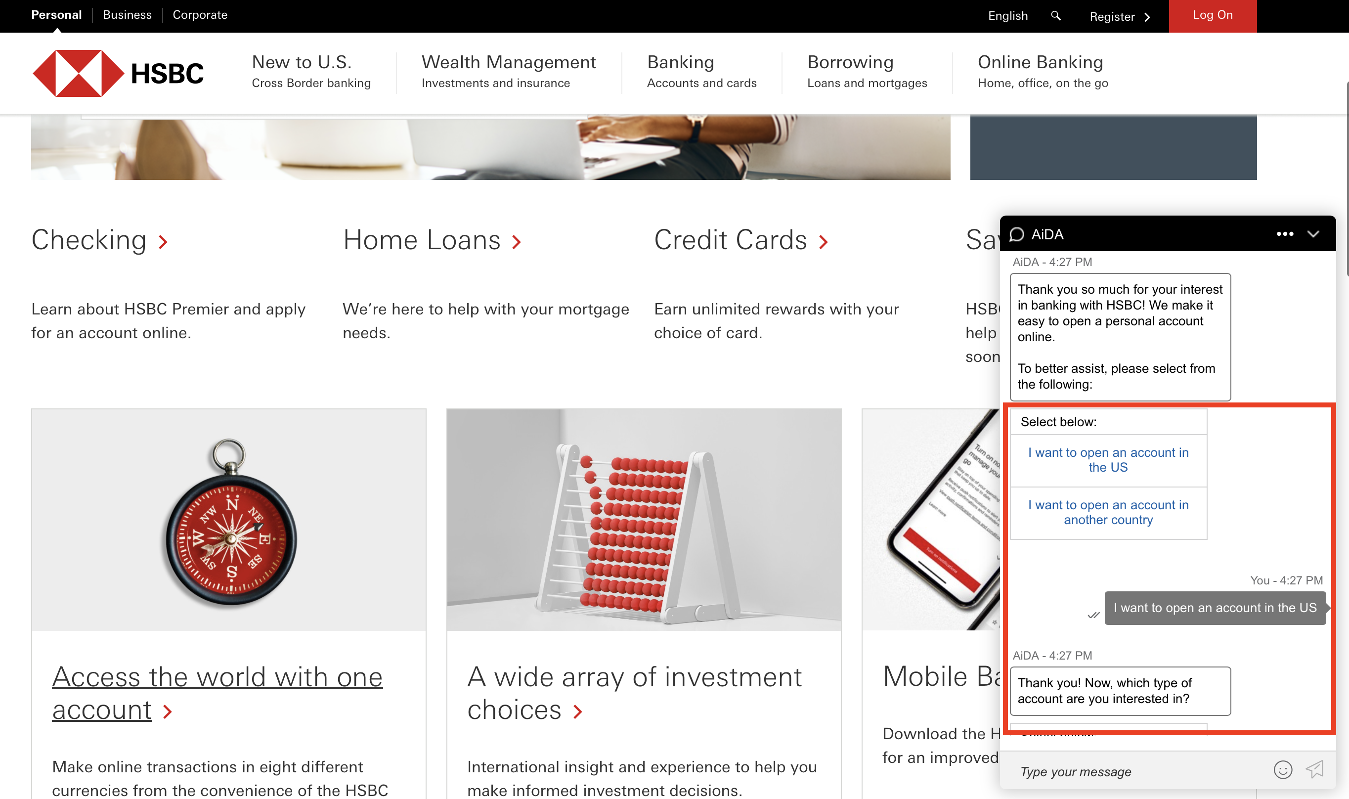 Chat Interface for visitors on HSBC website