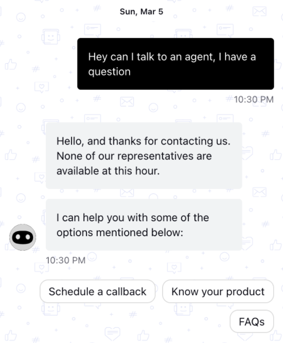 A screenshot showing a chatbot's response to a customer's question.