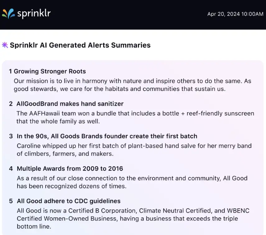 Sprinklr's AI summaries feature