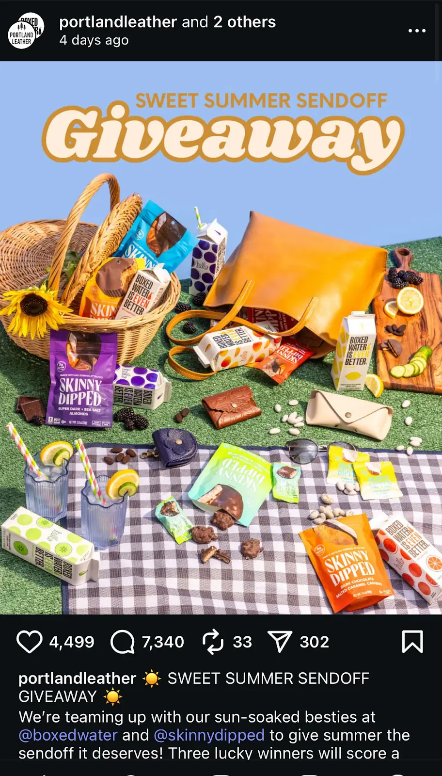 Portland Leather Instagram giveaway post encouraging tags and UGC to boost reach and community engagement