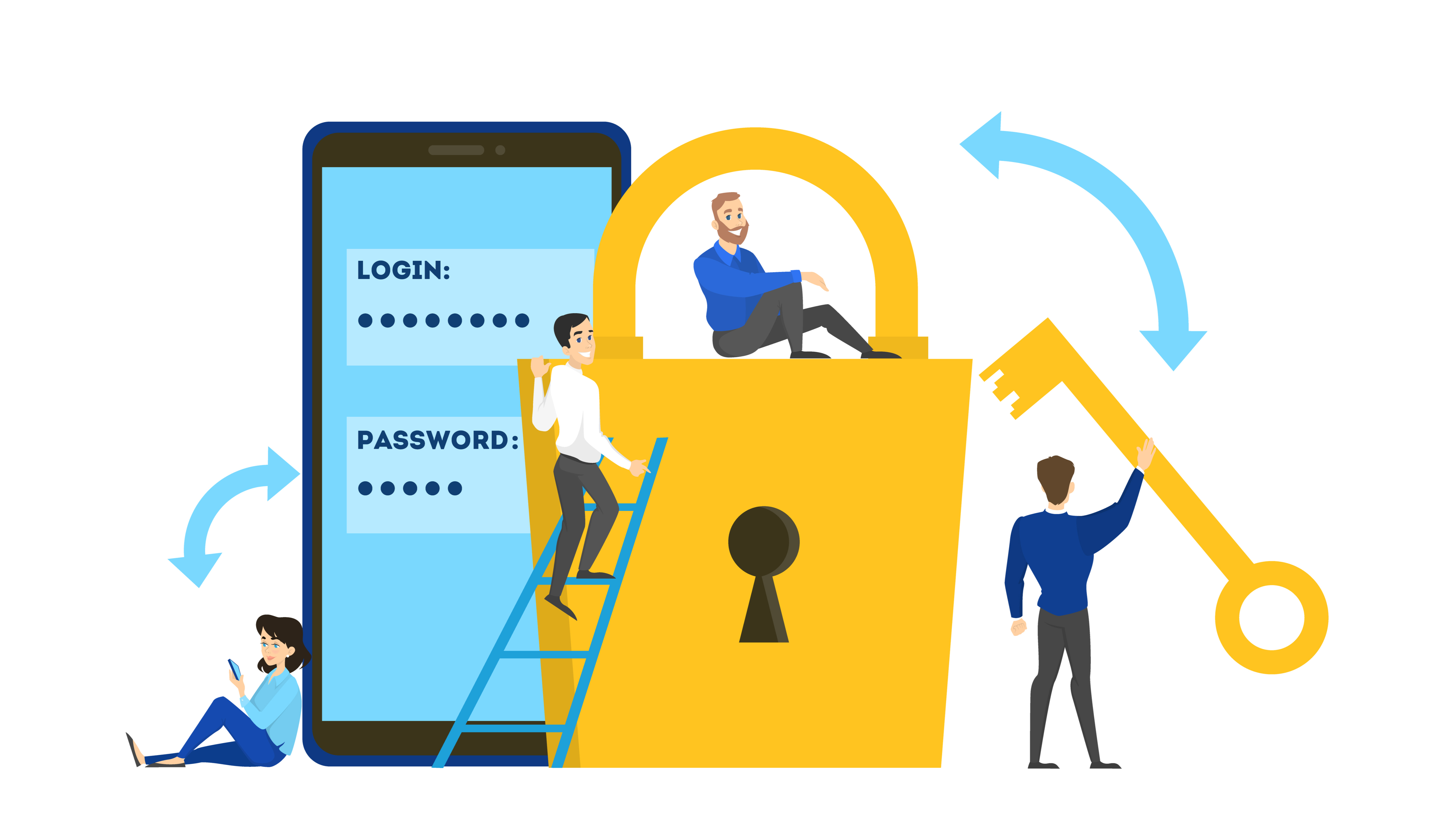 Vector image of various individuals ensuring someone's password security on the phone