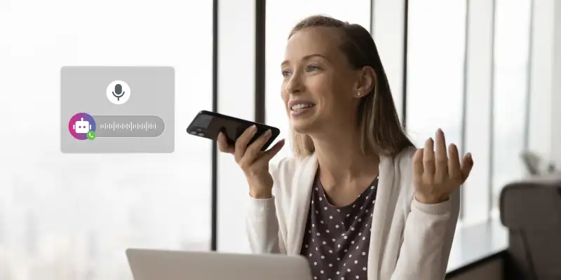 A customer interacts with a voice bot in natural language, delighted with the frictionless experience teh bot delivers