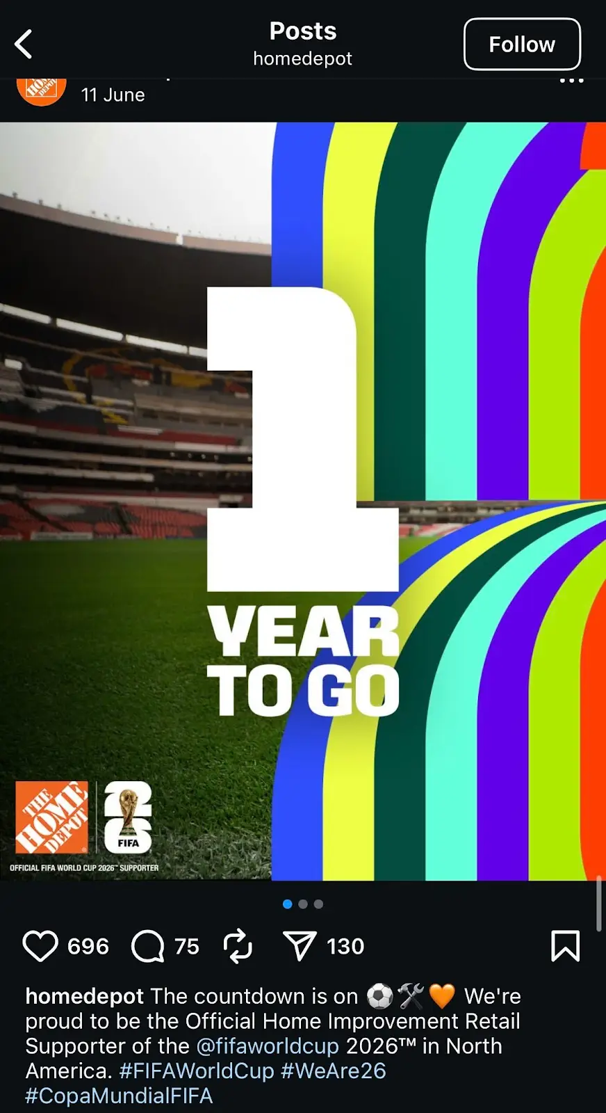 Screenshot of an Instagram post from Home Depot's official handle showcasing the usage of hashtags.  