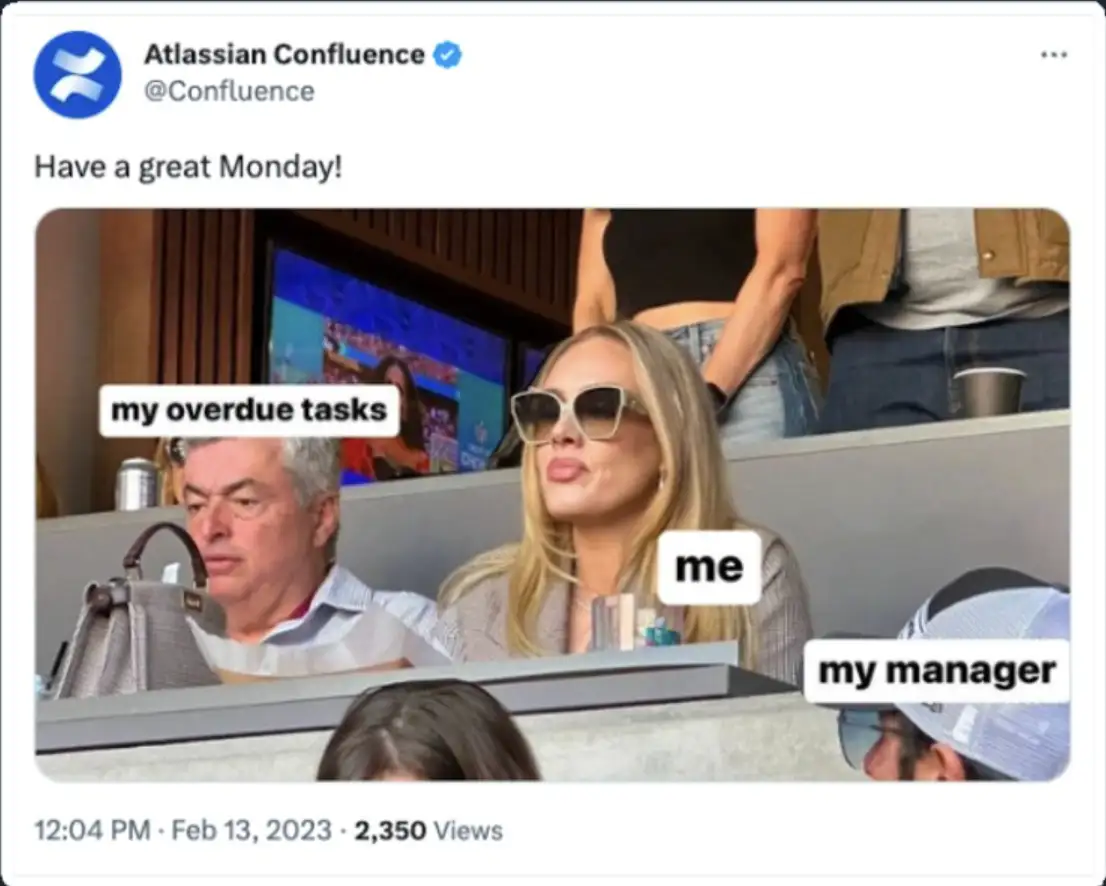 Atlassian Confluence sharing a relatable, employee-centric meme on social media