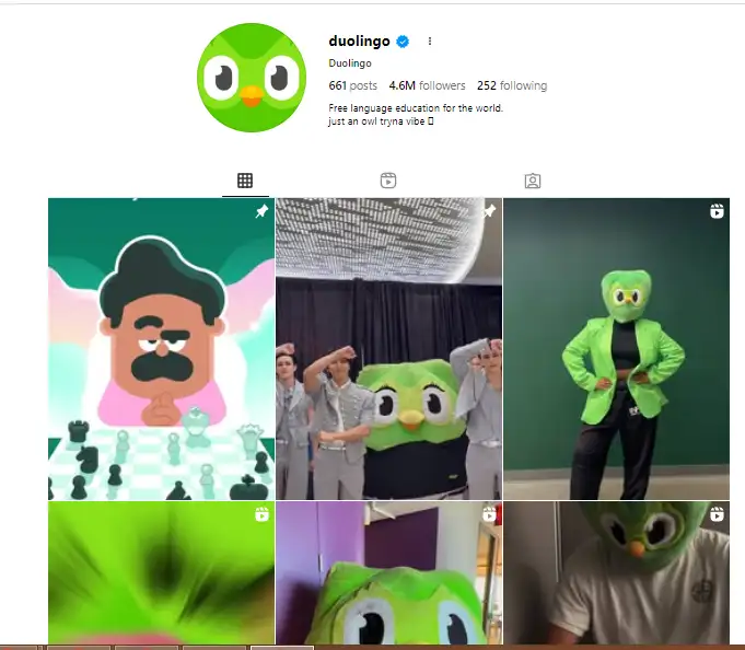 Duolingo's Instagram profile with a playful bio, consistent green owl visuals, and humorous 