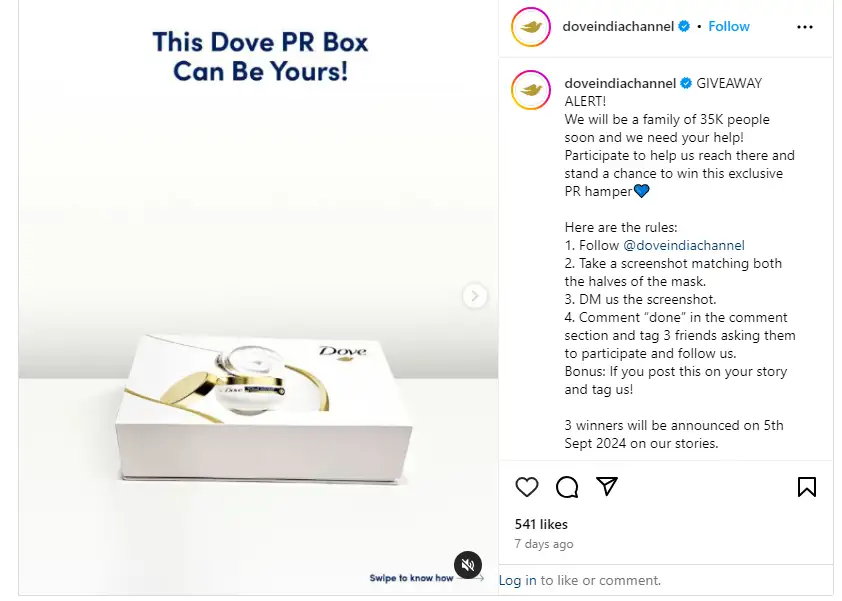 Dove posts giveaways on their Instagram page to maximize social media engagement.