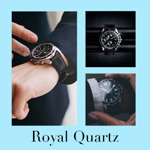 A Dynamic Image Template that shows three pictures of an analog watch from various angles, with text at the bottom of the graphic reading "Royal Quartz."