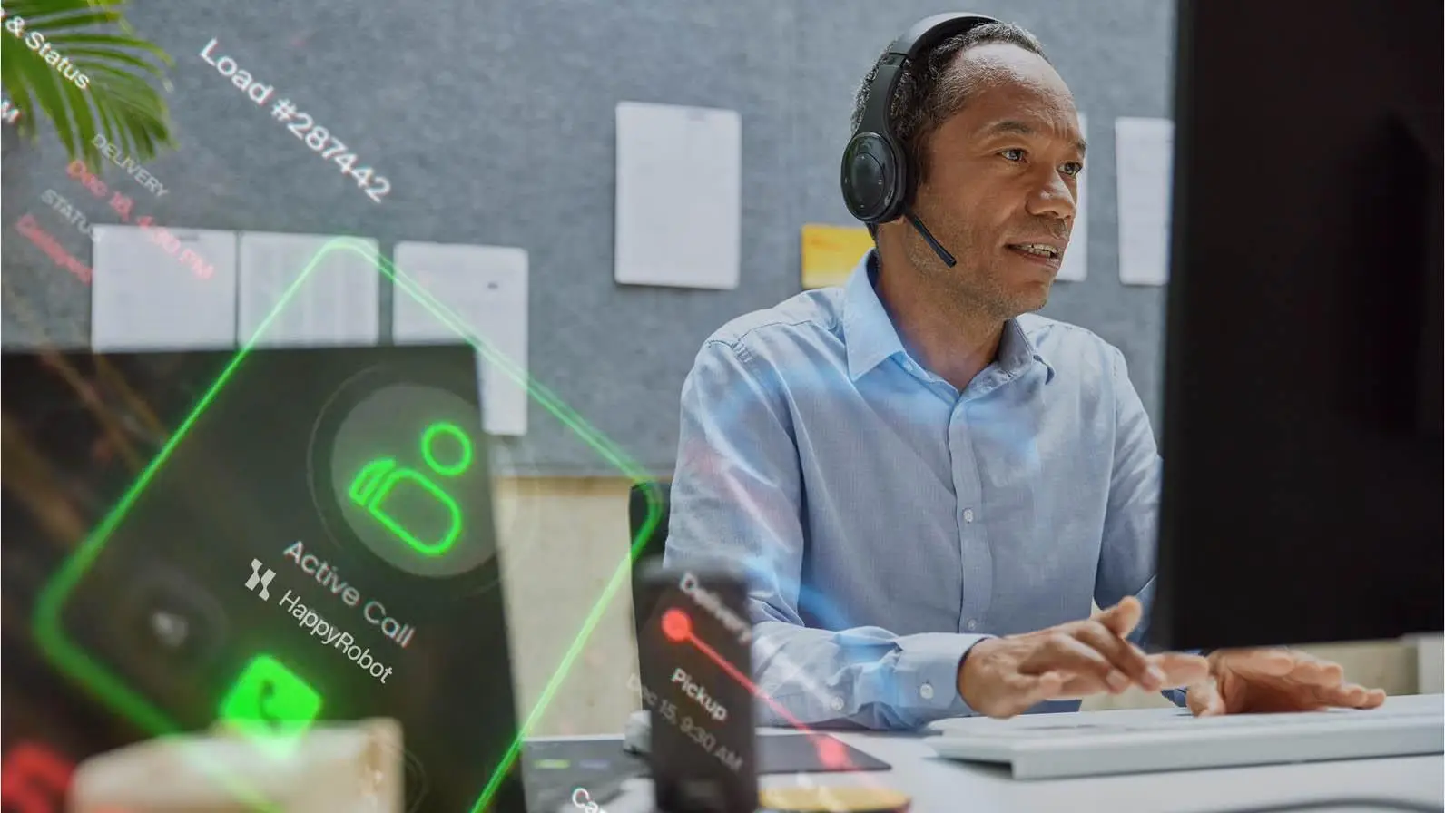 DHL support agent managing calls using the HappyRobot digital interface. 