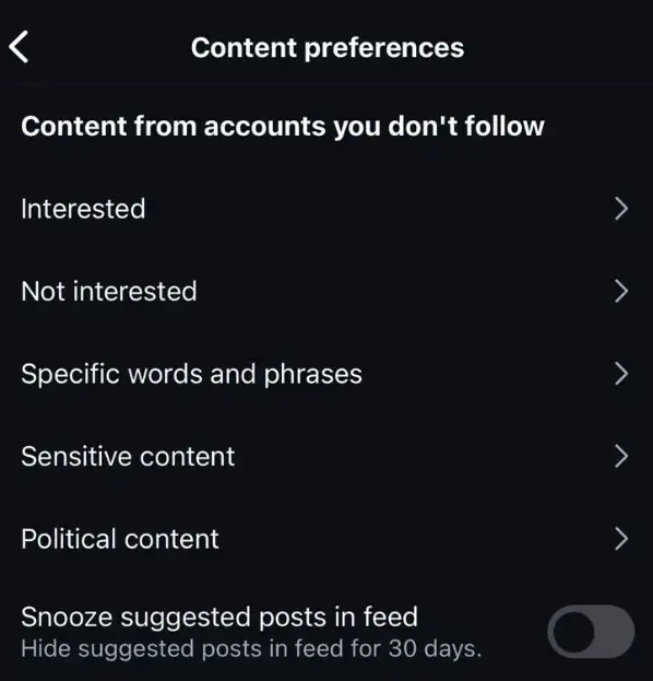 Content preferences to set under Suggested Content