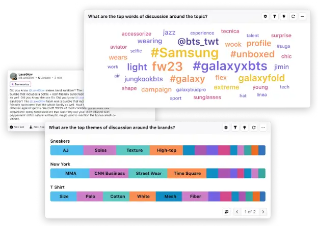 Sprinklr social listening showing a word cloud, conversation thread, and bar graph on discussion themes