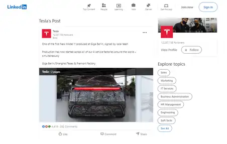 Title: Inserting image... - Description: LinkedIn post of Tesla's Gigafactory showcasing the latest launch, Model Y