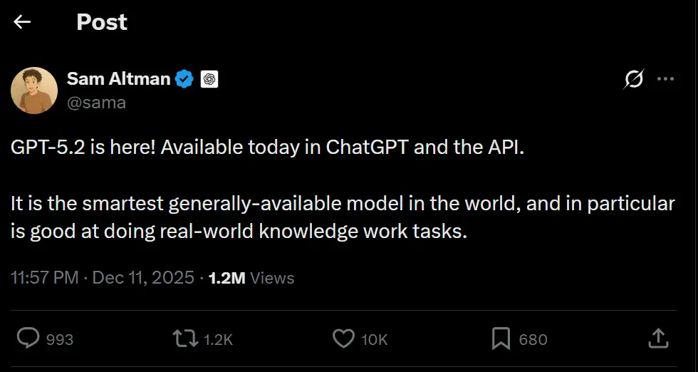Sam Altman tweets about GPT 5.2 launch