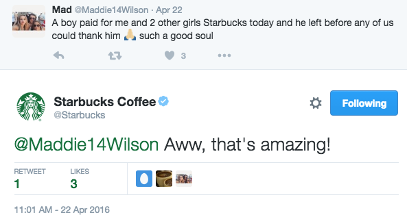 An example of how Starbucks engages with its customers reposting their tweets.