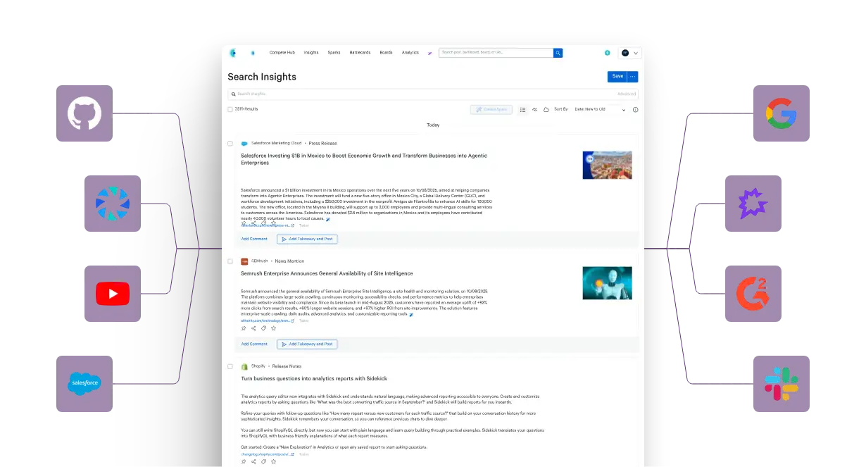 Competitive intelligence illustration showing monitored site changes and alerts.