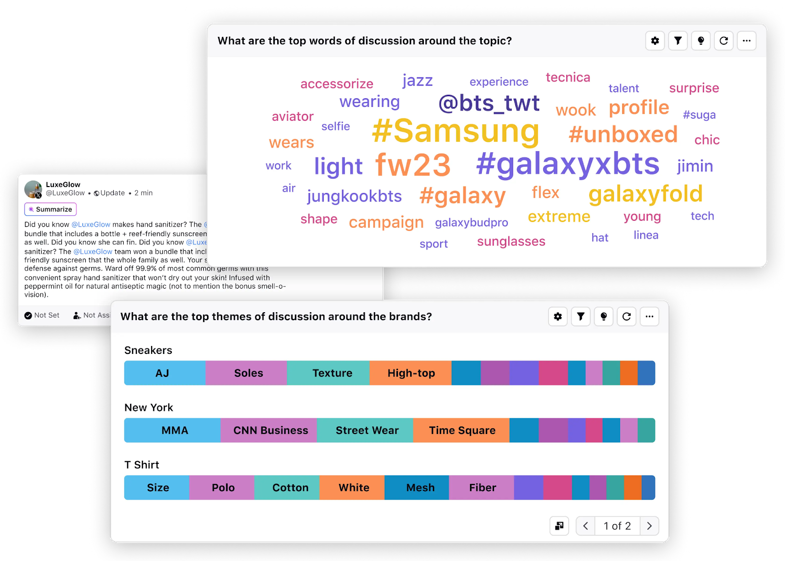 Sprinklr-s social listening tool highlights top themes of discussion around brands and top words of discussion around a topic