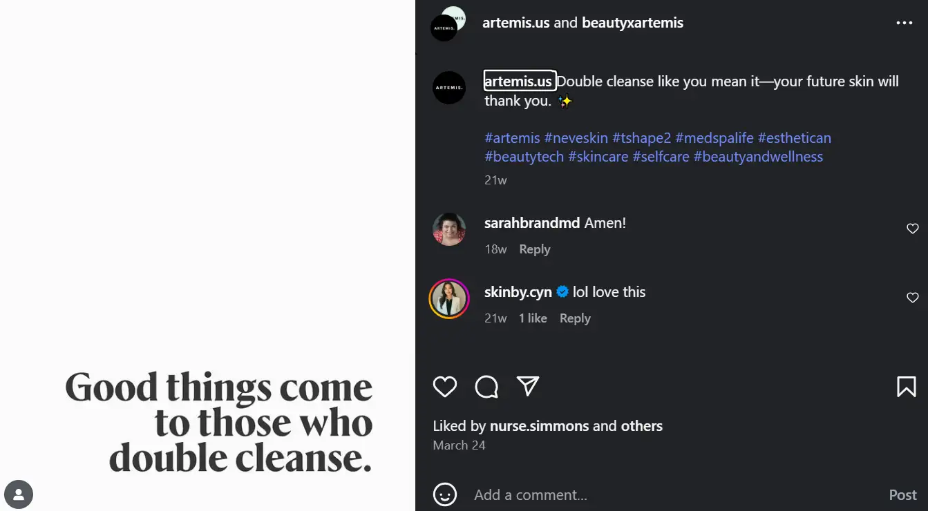 A post from Brooklyn’s Artemis Skincare using brand-relevant hashtags 
